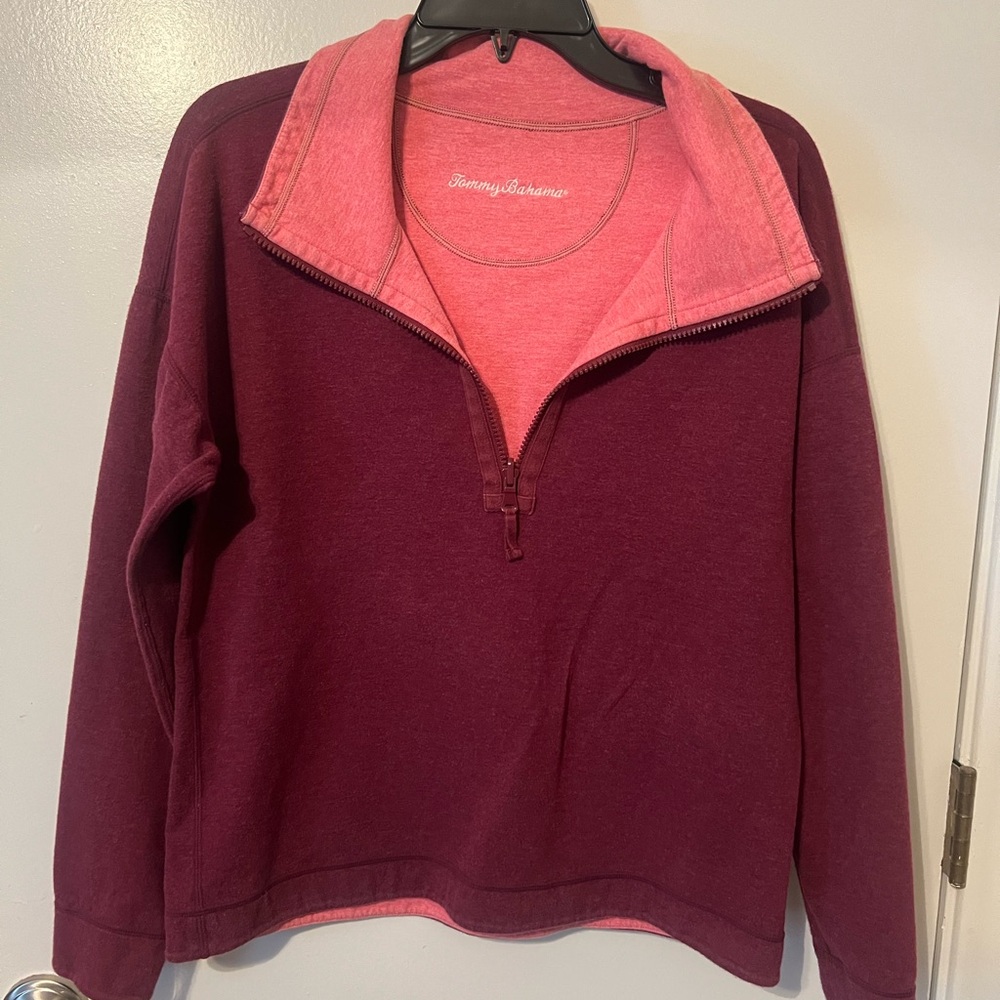 Tommy Bahama L Women’s Long Sleeve Reversible Burgundy Coral Half Zip Sweatshirt